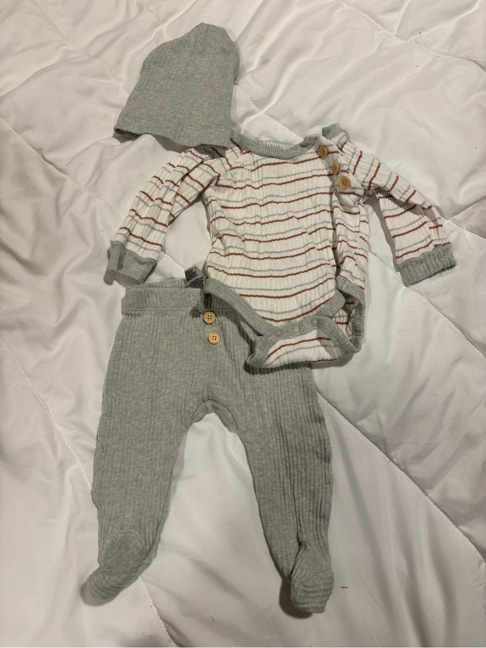 Rachel Zoe Gray Ribbed Knit Baby Set with Striped Bodysuit, pants & matching hat